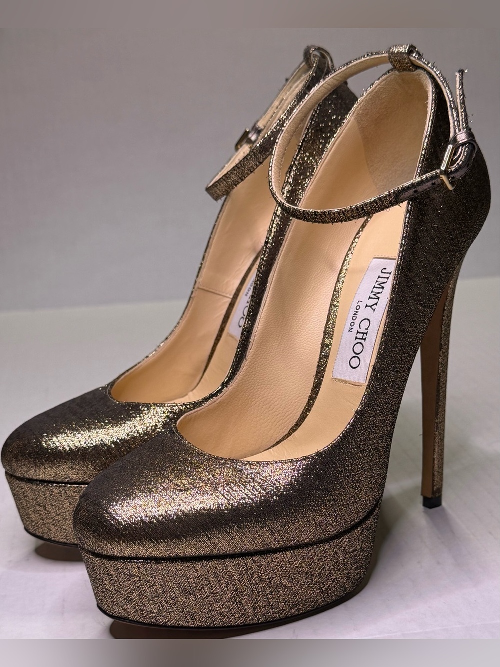 Jimmy Choo Mary Jane Gold Metallic Platform Ankle Strap Stiletto Heels Pumps 38